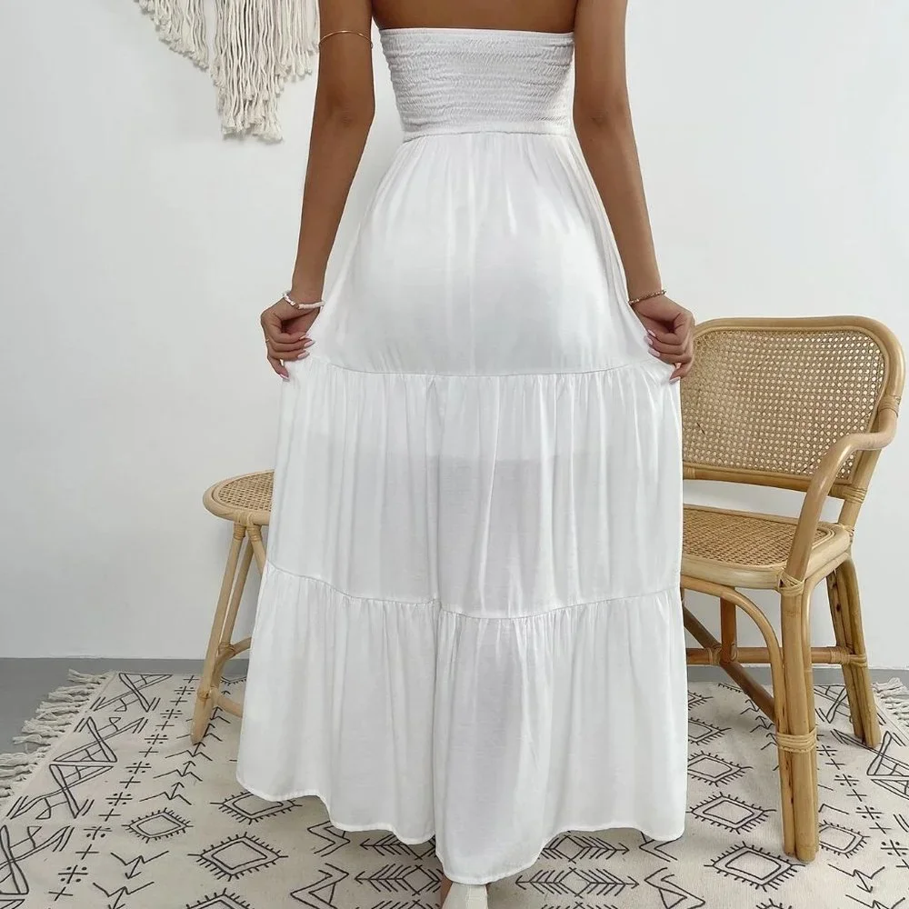 White Preppy Womens Tie Front Shirred Ruffle Hem Tube Dress - Picture 2 of 5